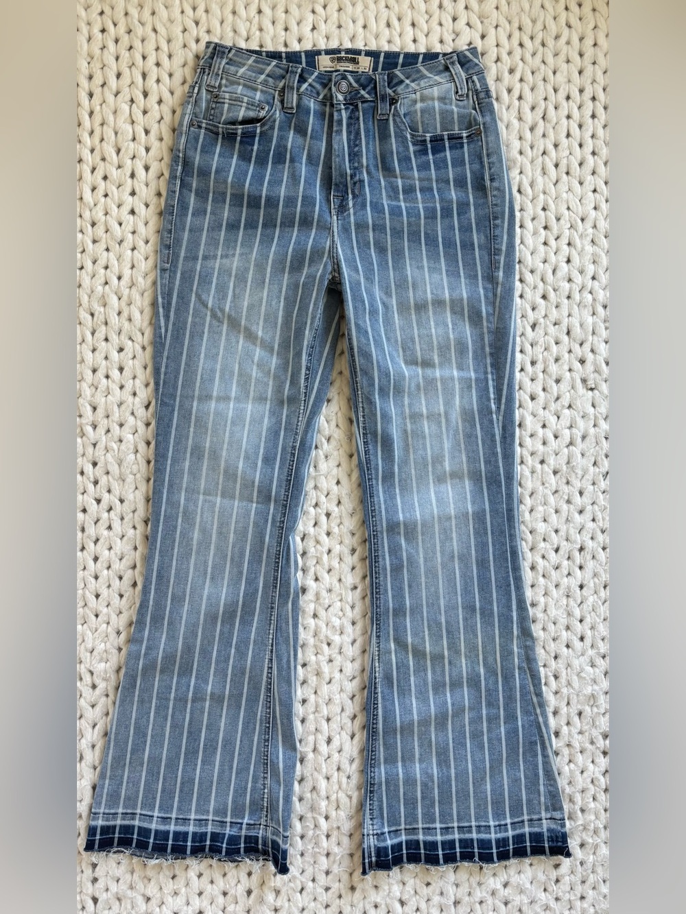 Vintage Boho-Inspired Blue Pinstripe Flare Jeans